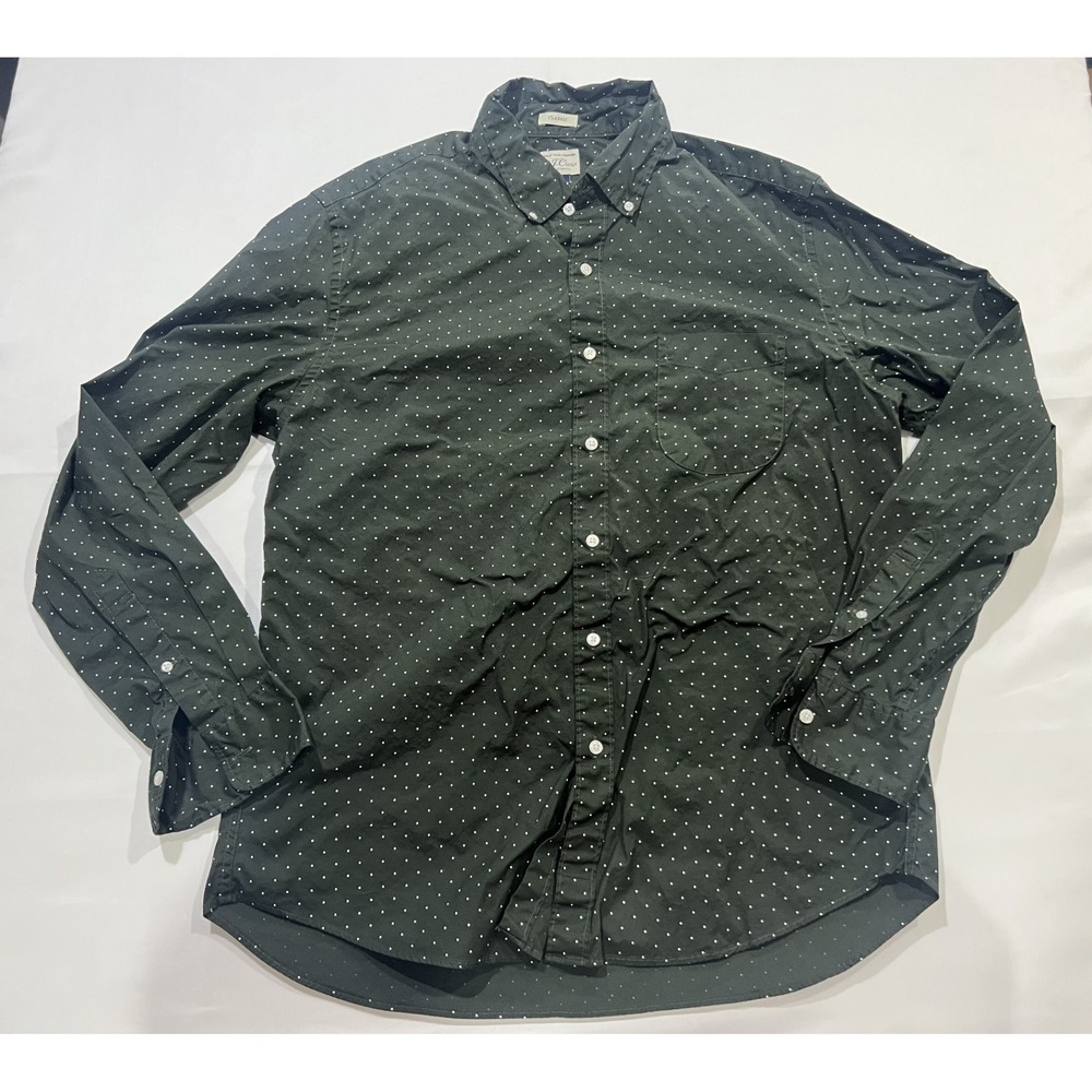 J Crew Secret Wash Shirt Mens Medium Green Polka Dots Stretch Classic
